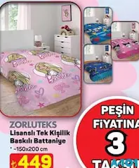 ZORLUTEKS LİSANSLI TEK KİŞİLİK BASKILI BATTANİYE150X200 CM